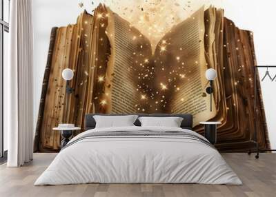 open magic book with glitter and stars coming out of the middle on white background Wall mural