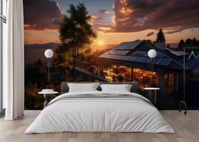 Solar panels on modern house roof in sunset Wall mural