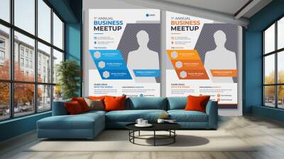 Corporate annual conference or meetup promotion flyer template. Professional business poster design for company workshop & training. Marketing cover layout with official logo & geometric shape. Wall mural