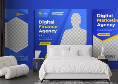 Digital marketing agency social media post template design. Modern blue corporate banner, poster & flyer with abstract geometric background. Online or web business promotion banner with company logo.  Wall mural