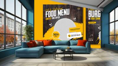 Fast food restaurant business marketing social media post or web banner template design with abstract background, logo and icon. Fresh pizza, burger & pasta online sale promotion flyer or poster.     Wall mural