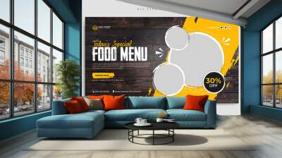 Fast food restaurant menu social media marketing web banner template with logo and icon. Pizza, burger & healthy food business promotion flyer. Abstract sale cover background design.          Wall mural