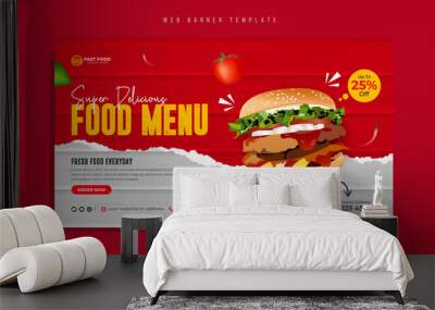 Food menu and restaurant social media marketing web banner template design with burger, logo and icon. Healthy fast food, pizza & hamburger online sale promotion cover. Business flyer background       Wall mural