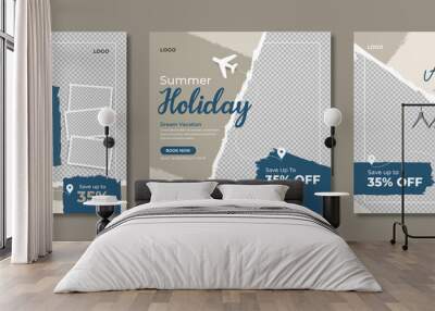 Holiday travel social media banner template design. Travelling, tour or tourism business online marketing web post or poster. Summer beach traveling flyer with logo, icon, abstract background.         Wall mural