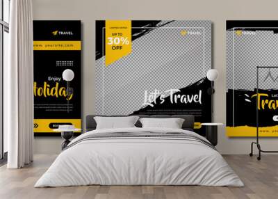 Travelling sale social media post template design. Set of web banner, flyer or poster for travel agency offer promotion. Service business marketing or advertisement digital banner. Wall mural