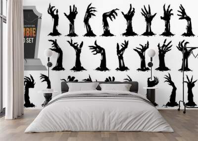 Set of creepy halloween zombie hand, spooky arm and horror monster bony hand silhouette sticking out from graveyard ground. Halloween evil, devil or ghost hand with blood for scary night background. Wall mural