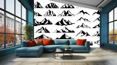 Set of vector mountain silhouette or vintage hill peak outline for forest logo or nature landscape design. Mountain silhouette pattern for hiking or camping business. Summer mountain travel line art. Wall mural