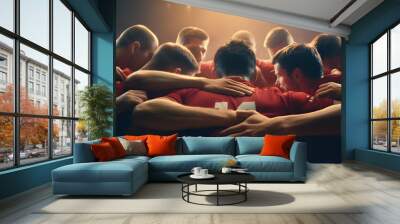 Soccer Players huddling in a circle on the field. Coach talking to a group of soccer players. Happy football team with their coach - Fictional character - Generative Ai	
 Wall mural