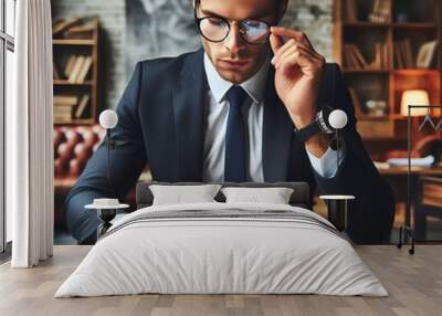 7 6. Businessman touching his glasses while reading a report , p Wall mural