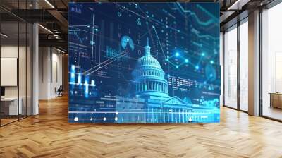 3D illustration of US Capitol building with digital background of data diagram graph for Political intersection technology concept or modern government data analysis. Wall mural