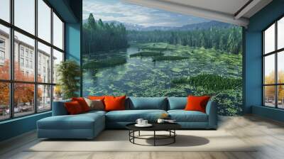 aerial view of a lush swamp with still water reflecting the sky and surrounding forest. Wall mural