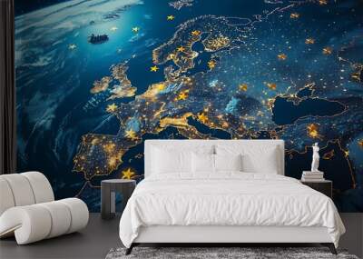 aerial view of Europe at night illuminated by city lights. Golden stars representing the European Union scattered across the continent map highlights the beauty and complexity of this diverse region. Wall mural