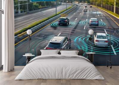 Autonomous cars driving on a highway. The cars are equipped with sensors that allow them to navigate safely and efficiently. Wall mural