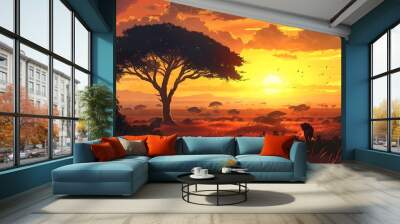 Beautiful painting of an African savanna sunset with a large tree in the foreground and a herd of animals in the distance. Wall mural