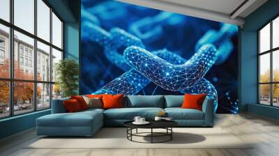 Close-up of a digital chain with glowing blue lights, representing a network or technology concept. Wall mural