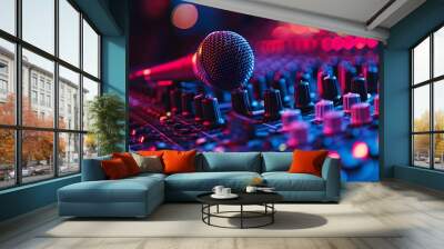 Close up of a microphone on top of an audio mixer, the setting is a performance venue with red and blue lights. Wall mural