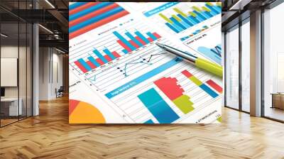 Close-up of financial charts and a pen, showing data analysis and business planning. Wall mural