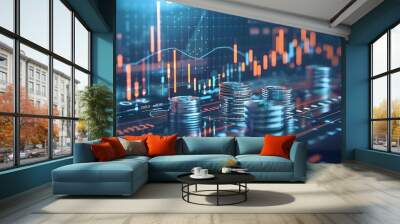 Close-up of stacked coins on a digital screen with stock market charts, showcasing financial growth and investment concepts. Wall mural