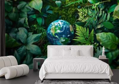 Close-up shot of a globe surrounded by lush green foliage, representing the Earth's beauty and the importance of nature's preservation. Wall mural