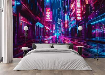 Digital illustration of a futuristic cityscape at night with neon signs and glowing lights. The wet street reflects the colorful lights. Wall mural