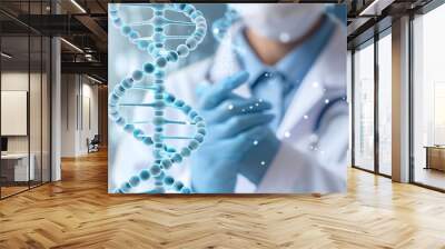 DNA helix structure in the foreground, with a doctor in the background. Wall mural