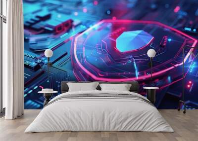 Glowing red and blue shield representing cyber security. Wall mural