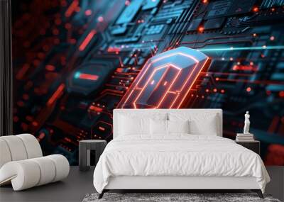 Glowing red shield on a futuristic circuit board, representing cyber security and data protection in a digital world. Wall mural