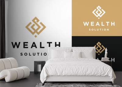 Golden Initial Letter WS S W SW with Luxury Wealth Square Frame Shape Art Line Logo Design Wall mural