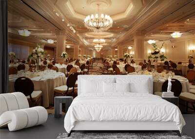 Grand ballroom decorated for a wedding reception, featuring elegant tables, white tablecloths, centerpieces, candles, and gold accents. The room is illuminated by warm lighting. Wall mural