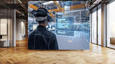 Industrial worker wearing a virtual reality headset, interacting with digital data and automation systems within a factory setting Wall mural