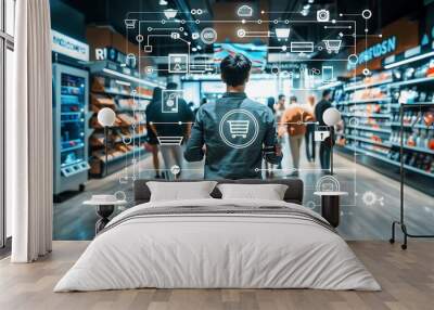 Man stands in a retail store with digital overlays of shopping cart icons, data, and technology symbols represents the future of retail and the integration of technology into the shopping experience. Wall mural