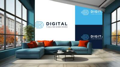 Modern Initial Letter D with Digital Wire Line Dots For Digital Connection Network Logo Design Wall mural