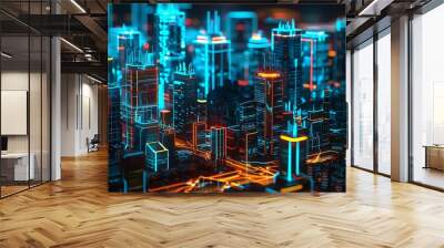 Neon cityscape showcasing a futuristic digital metropolis with glowing skyscrapers and intricate neon lines, representing the advancement of technology and urban landscapes. Wall mural