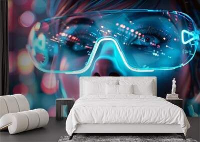 Portrait of a woman wearing futuristic glasses, highlighting a cyberpunk aesthetic. Wall mural