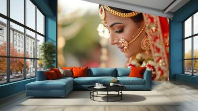 portrait of an Indian bride in a traditional red sari, adorned with intricate gold jewelry. She looks down with a gentle expression, reflecting the joy and beauty of the wedding ceremony. Wall mural