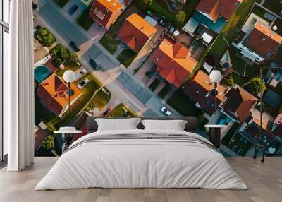 Suburban neighborhood showcasing a grid of houses, streets, and lush greenery. Wall mural