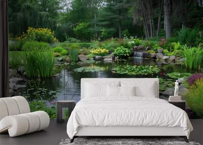 Tranquil scene of a pond nestled within a lush garden showcasing vibrant greenery blooming flower a serene atmosphere surface reflects the surrounding beauty creating a captivating of natural harmony. Wall mural