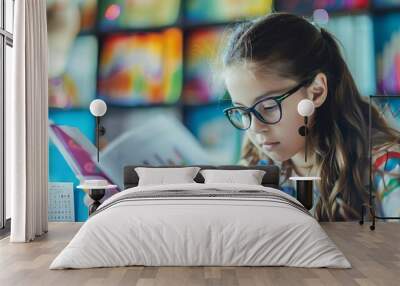 Young girl wearing glasses Focus reading book in classroom for Knowledge Concept of education learning. Wall mural