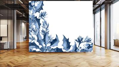 Christmas watercolor corner arangement of holly, berries and spruce in monochrome blue Wall mural