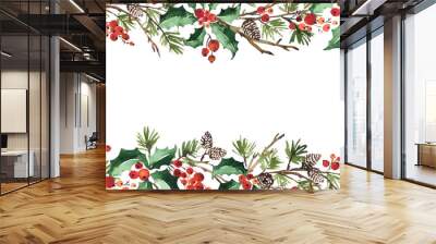 Christmas watercolor horizontal arranging with holly berries, spruce and pine cones Wall mural