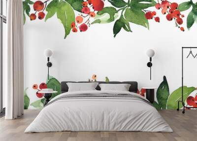 Christmas watercolor horizontal arranging with holly berries and green leaves Wall mural