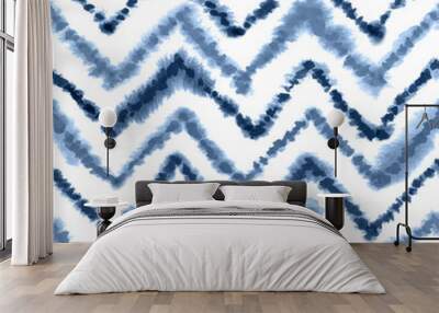 navy blue geometric moroccan rug with zigzag ornament. seamless watercolor pattern Wall mural