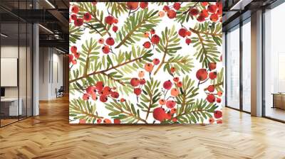 Watercolor Christmas and New Year seamless pattern with spruce and red holly berries Wall mural