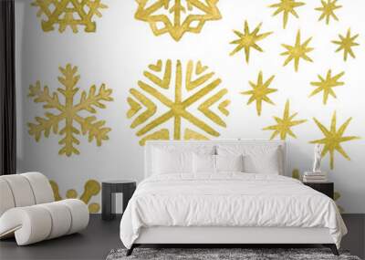 Watercolor snowflakes and stars in gold. Christmas and New Year clip art collection Wall mural