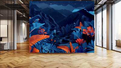 3D vector illustration of a night jungle with orange and blue leaves, flowers, and mountains in the style of different artists. Wall mural