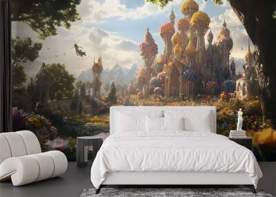 A fantasy world filled with vibrant flowers, towering trees, and people in harmony with nature  - Wall mural