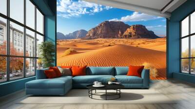 A Sand dunes in the desert foreground with Tuwaiq Mountain in the background, Central Arabia, Saudi Arabia.ai Wall mural