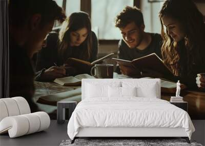 A small, close group of friends convenes for Bible study at a kitchen table, equipped with notebooks and coffee mugs. They appreciate the camaraderie and shared beliefs in a comfortable home  Wall mural