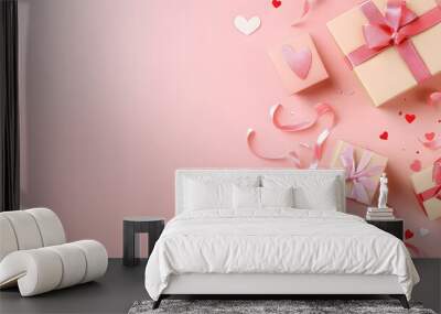 A Valentine's Day banner featuring paper art with gift boxes, pink ribbons, and hearts on a pastel pink background, with space for text Wall mural