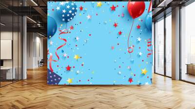 A vibrant background with stars and stripes featuring balloons in red, white and blue colors creates an atmosphere of celebration for the USA holiday Wall mural